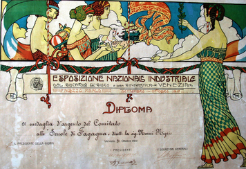 Diploma di medaglia d’argento alle “Scuole di Fagagna” dirette dalla Signorina Noemi Nigris. Esposizione Nazionale Industriale del giocattolo, del gioco e della ginnastica, Palazzo Reale, Venezia, 31 ottobre 1917.