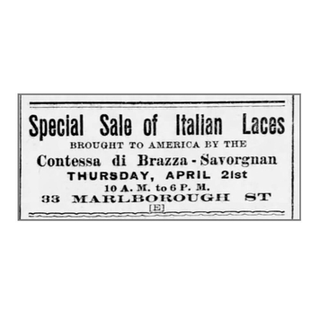 Articolo sul Boston Evening Transcript del 20 aprile 1898 che annuncia una vendita speciale di merletti italiani